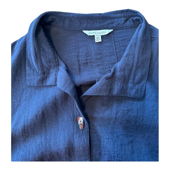 John Mark Embroidered Tassel Hem Button Front Blouse Navy 0X Plus Sz Boho Aztec - Picture 11 of 16